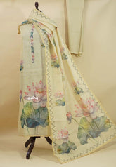 Amitha – Ivory Gold Tissue Linen Salwar Suit with Lotus Digital Prints & Hand Embroidery