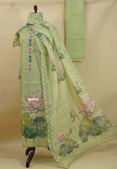 Amitha – Pista Green Tissue Linen Salwar Suit with Lotus Digital Prints & Hand Embroidery