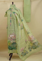 Amitha – Pista Green Tissue Linen Salwar Suit with Lotus Digital Prints & Hand Embroidery