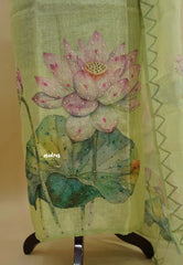 Amitha – Pista Green Tissue Linen Salwar Suit with Lotus Digital Prints & Hand Embroidery