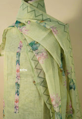Amitha – Pista Green Tissue Linen Salwar Suit with Lotus Digital Prints & Hand Embroidery