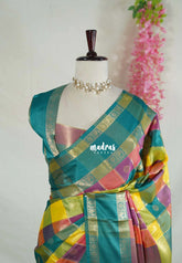 Peacock Heritage - Sowbhagya Gift silk – Soft Silk Elegance Saree Madras Checks with Buttas and Rettapet Border- Best for Diwali Festive | Temple Visit