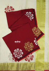 Halfwhite - Sowmiya - Organic Bamboo Cotton floral print with Tissue Border with raw silk blouse