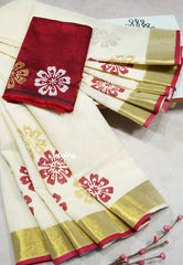 Halfwhite - Sowmiya - Organic Bamboo Cotton floral print with Tissue Border with raw silk blouse