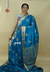 Teal Blue - Sri valli pure satin silk with peacock buttas and gold zari border