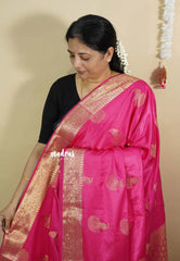 Rose Pink - Sri valli pure satin silk with peacock buttas and gold zari border