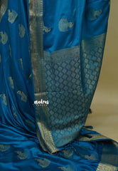 Teal Blue - Sri valli pure satin silk with peacock buttas and gold zari border