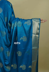 Teal Blue - Sri valli pure satin silk with peacock buttas and gold zari border