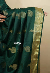 Dark Green - Sri valli pure satin silk with peacock buttas and gold zari border