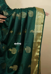 Dark Green - Sri valli pure satin silk with peacock buttas and gold zari border