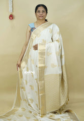 Ivory white - Sri valli pure satin silk with peacock buttas and gold zari border
