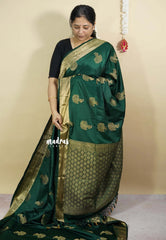 Dark Green - Sri valli pure satin silk with peacock buttas and gold zari border