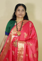 Peach Red - Sri valli pure satin silk with peacock buttas and gold zari border