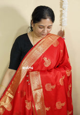 Classic Red - Sri valli pure satin silk with peacock buttas and gold zari border