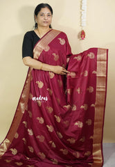 Deep Wine-Maroon - Sri valli pure satin silk with peacock buttas and gold zari border