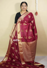 Deep Wine-Maroon - Sri valli pure satin silk with peacock buttas and gold zari border
