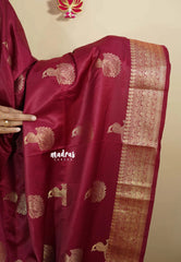 Deep Wine-Maroon - Sri valli pure satin silk with peacock buttas and gold zari border