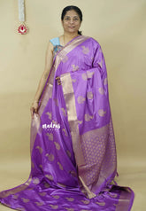 Lavender Purple - Sri valli pure satin silk with peacock buttas and gold zari border