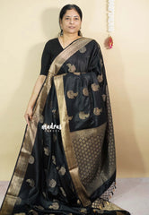 Black Pearl - Sri valli pure satin silk with peacock buttas and gold zari border