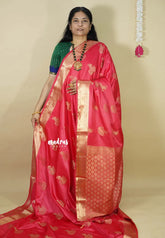 Peach Red - Sri valli pure satin silk with peacock buttas and gold zari border