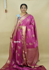 Onion pink - Sri valli pure satin silk with peacock buttas and gold zari border