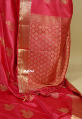 Peach Red - Sri valli pure satin silk with peacock buttas and gold zari border