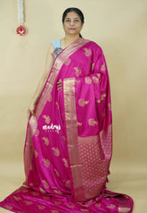 Rani Pink - Sri valli pure satin silk with peacock buttas and gold zari border
