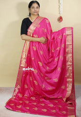 Rose Pink - Sri valli pure satin silk with peacock buttas and gold zari border