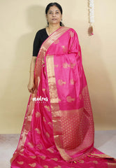 Rose Pink - Sri valli pure satin silk with peacock buttas and gold zari border