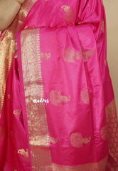 Rose Pink - Sri valli pure satin silk with peacock buttas and gold zari border