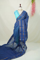 Cobalt Blue - Subbulakshmi - Sungudi 100 Count Saree Checks with Rettapetta Rudraksham Border with Blouse Combo - Best for Casual Wear | Summer Wear | Temple visit