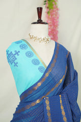 Cobalt Blue - Subbulakshmi - Sungudi 100 Count Saree Checks with Rettapetta Rudraksham Border with Blouse Combo - Best for Casual Wear | Summer Wear | Temple visit