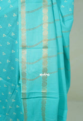 Turquoise Blue - Subbulakshmi - Sungudi 100 Count Saree with Rettapetta Rudraksham Border Ayutha ezhuthu Buttas with Blouse Combo - Best for Casual Wear | Summer Wear | School | College | Office wear