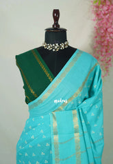 Turquoise Blue - Subbulakshmi - Sungudi 100 Count Saree with Rettapetta Rudraksham Border Ayutha ezhuthu Buttas with Blouse Combo - Best for Casual Wear | Summer Wear | School | College | Office wear