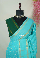 Turquoise Blue - Subbulakshmi - Sungudi 100 Count Saree with Rettapetta Rudraksham Border Ayutha ezhuthu Buttas with Blouse Combo - Best for Casual Wear | Summer Wear | School | College | Office wear