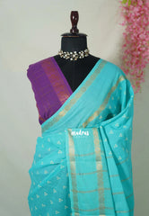 Cyan Blue with Magenta - Subbulakshmi - Sungudi 100 Count Saree with Rettapetta Rudraksham Border Ayutha ezhuthu Buttas with Blouse Combo - Best for Casual Wear | Summer Wear | School | College | Office wear