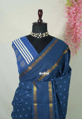 Dark Indigo Blue - Subbulakshmi - Sungudi 100 Count Saree with Rettapetta Rudraksham Border Ayutha ezhuthu Buttas with Blouse Combo - Best for Casual Wear | Summer Wear | School | College | Office wear