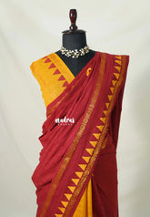 Temple Turmeric Yellow with Maroon Red - Premium 100 Count Pure Cotton Saree with Half and Half and Rettapet Rudraksham Border with Blouse Combo - Best for Casual Wear | Summer Wear | School | College | Office wear