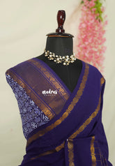 Violet Purple - Premium 100 Count Pure Cotton Saree Rettapetta Rudraksham Border with Ajrakh Printed Blouse Combo - Best for Casual Wear | Summer Wear | School | College | Office wear