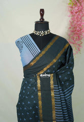 Elephant Grey (Closest Black) - Subbulakshmi - Sungudi 100 Count Saree with Rettapetta Rudraksham Border Ayutha ezhuthu Buttas and Stripes with Blouse Combo - Best for Casual Wear | Summer Wear | School | College | Office wear