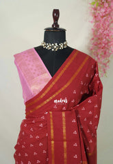 Reddish Maroon - Subbulakshmi - Sungudi 100 Count Saree with Rettapetta Rudraksham Border Ayutha ezhuthu Buttas with Blouse Combo - Best for Casual Wear | Summer Wear | School | College | Office wear