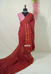 Reddish Maroon - Subbulakshmi - Sungudi 100 Count Saree with Rettapetta Rudraksham Border Ayutha ezhuthu Buttas with Blouse Combo - Best for Casual Wear | Summer Wear | School | College | Office wear