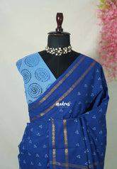 Cobalt Blue with Hakoba - Subbulakshmi - Sungudi 100 Count Saree with Rettapetta Rudraksham Border Ayutha ezhuthu Buttas with Cut work Blouse Combo - Best for Casual Wear | Summer Wear | School | College | Office wear