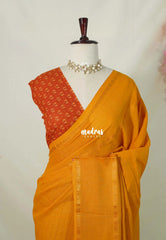 Temple Turmeric Yellow - Subbulakshmi - Sungudi 100 Count Saree Checks with Rettapetta Rudraksham Border with Ajrakh Blouse Combo - Best for Casual Wear | Summer Wear | School | College | Office wear