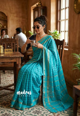 Aqua Cyan Blue - Subbulakshmi - Sungudi 100 Count Saree Rettapetta Rudraksham Border with Buttas and Blouse Combo - Best for Casual Wear | Summer Wear | School | College | Office wear