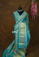 Golden Shade Cyan Blue - Thendral - Kanchi Soft Tissue Silk Saree with Rich Pallu and Blouse - Perfect for Wedding Functions