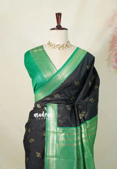 Jet Black with Green - Thendral - Kanchi Semi Silk Saree with Mango Border - Perfect for Wedding Functions