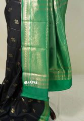 Jet Black with Green - Thendral - Kanchi Semi Silk Saree with Mango Border - Perfect for Wedding Functions