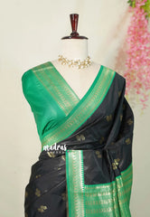 Jet Black with Green - Thendral - Kanchi Semi Silk Saree with Mango Border - Perfect for Wedding Functions