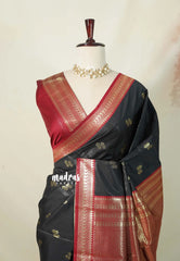 Jet Black with Maroon Red - Thendral - Kanchi Semi Silk Saree with Mango Border - Perfect for Wedding Functions